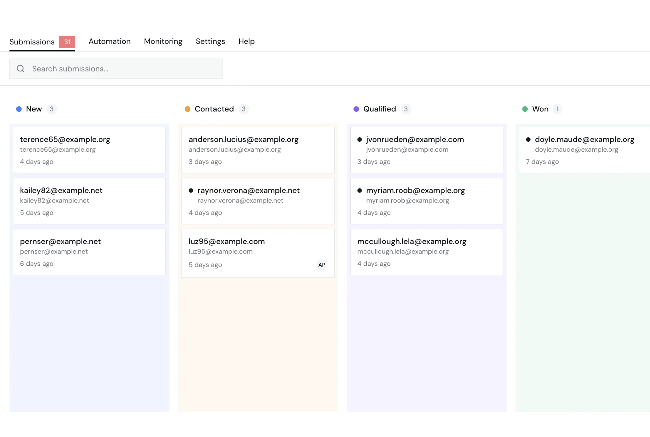 Pipeline view showing kanban board with lead cards
