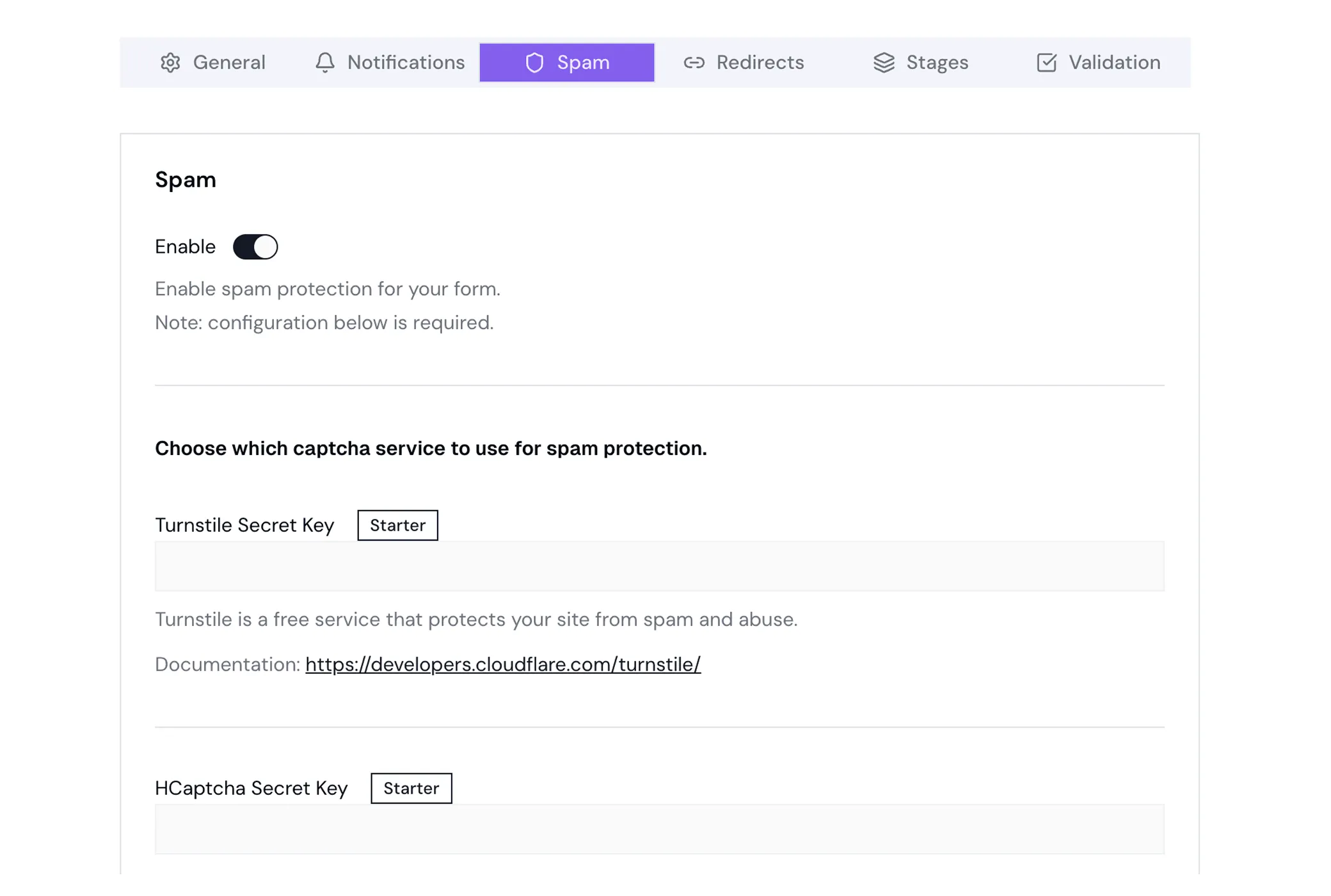 Spam protection settings with captcha toggle